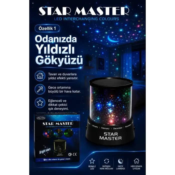 Oda İçin Yıldız Efektli LED Gece Lambası Renkli Işık Yansıtan Dekoratif Projektör