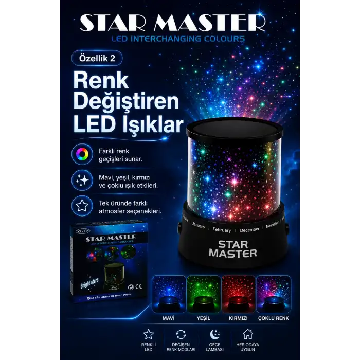 Oda İçin Yıldız Efektli LED Gece Lambası Renkli Işık Yansıtan Dekoratif Projektör