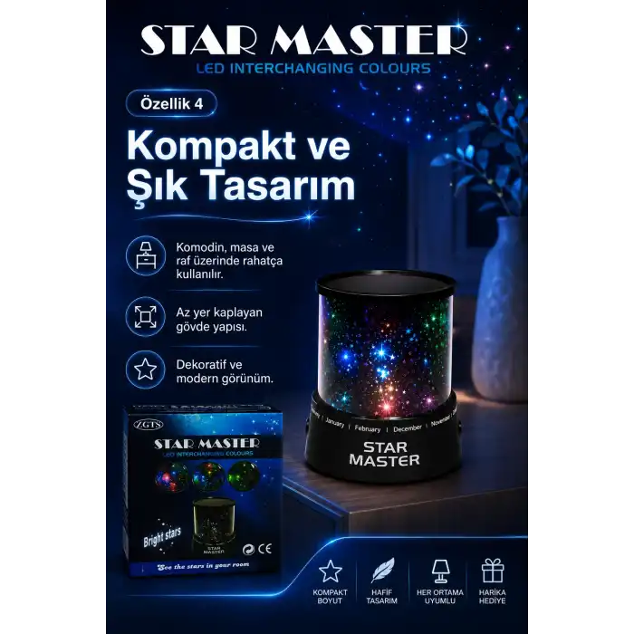 Oda İçin Yıldız Efektli LED Gece Lambası Renkli Işık Yansıtan Dekoratif Projektör