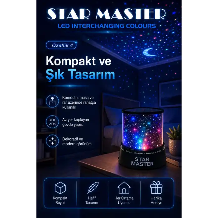 Çocuk Odası İçin Renkli Yıldız Yansımalı LED Gece Lambası Dekoratif Projektör