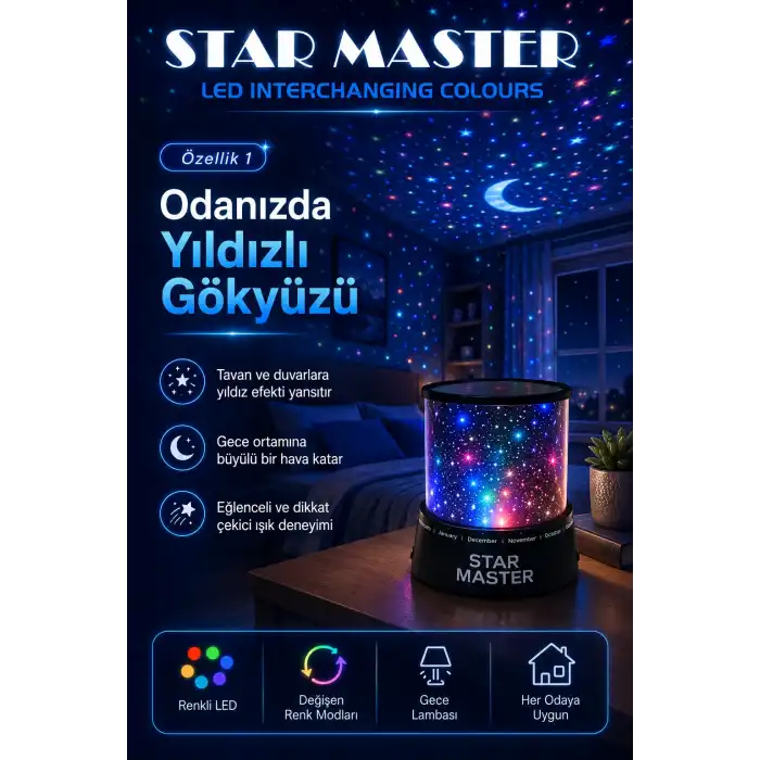 Çocuk Odası İçin Renkli Yıldız Yansımalı LED Gece Lambası Dekoratif Projektör
