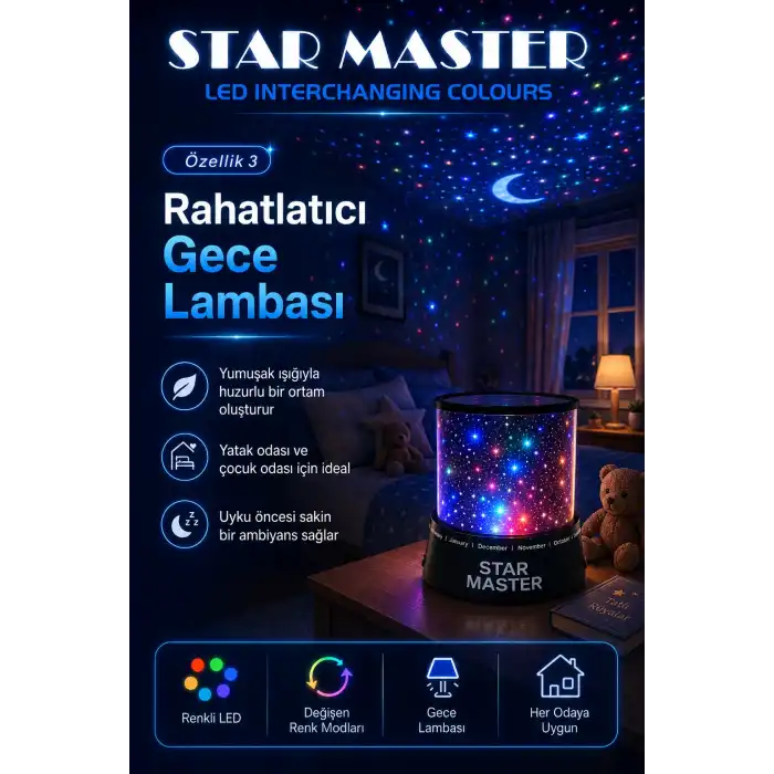 Çocuk Odası İçin Renkli Yıldız Yansımalı LED Gece Lambası Dekoratif Projektör