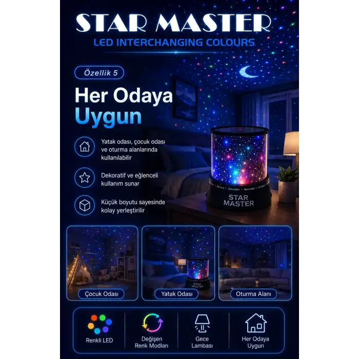 Çocuk Odası İçin Renkli Yıldız Yansımalı LED Gece Lambası Dekoratif Projektör