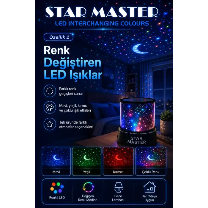Çocuk Odası İçin Renkli Yıldız Yansımalı LED Gece Lambası Dekoratif Projektör