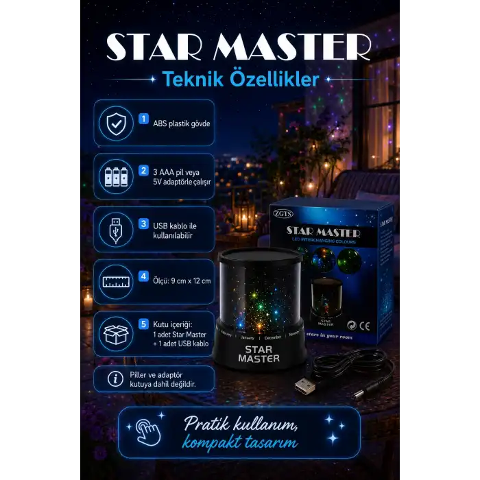 Tavan Ve Duvar Yansıtmalı Renk Değiştiren Yıldız Projektör Gece Lambası