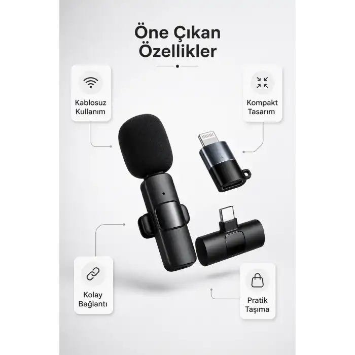 Kablosuz Yaka Mikrofonu Type-C ve Lightning Uyumlu Şarjlı Klipsli Ses Kayıt Mikrofonu