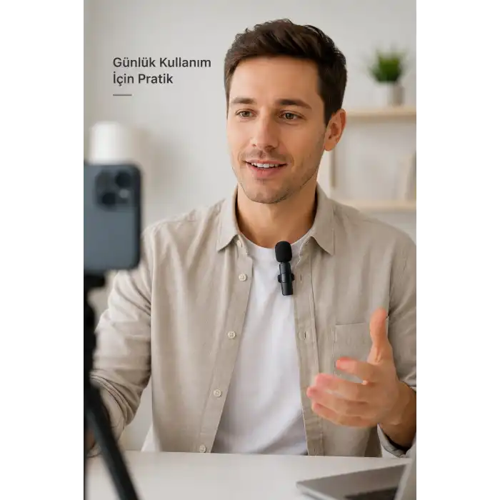 Kablosuz Yaka Mikrofonu Type-C ve Lightning Uyumlu Şarjlı Klipsli Ses Kayıt Mikrofonu