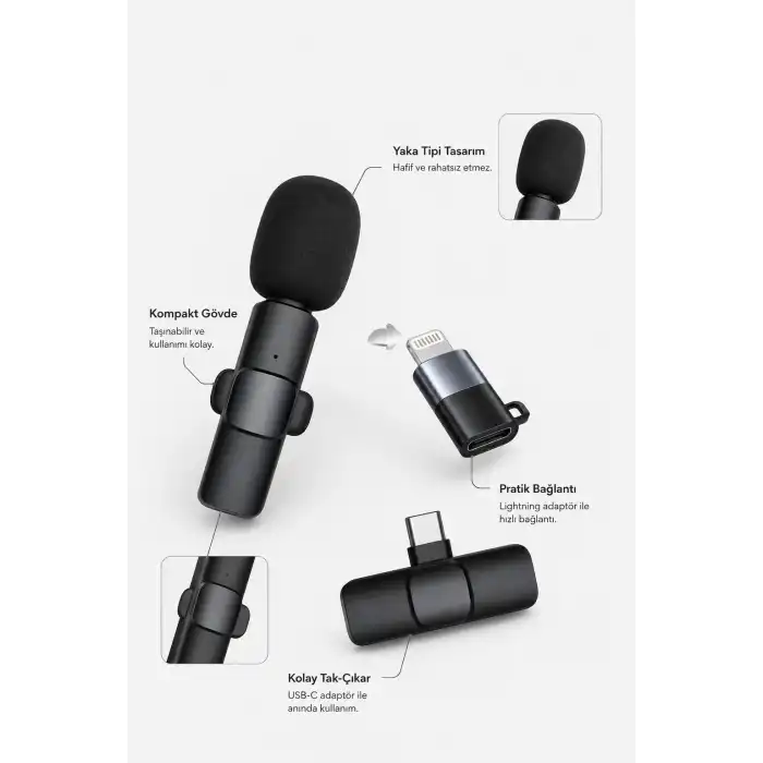 Kablosuz Yaka Mikrofonu USB-C ve Lightning Adaptörlü Telefon Uyumlu Kompakt Ses Kiti