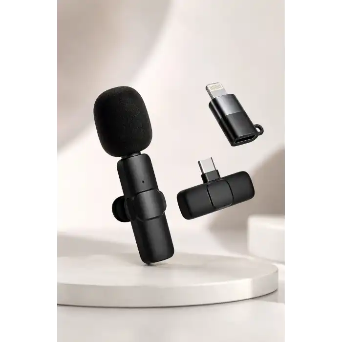 Kablosuz Yaka Mikrofonu USB-C ve Lightning Adaptörlü Telefon Uyumlu Kompakt Ses Kiti