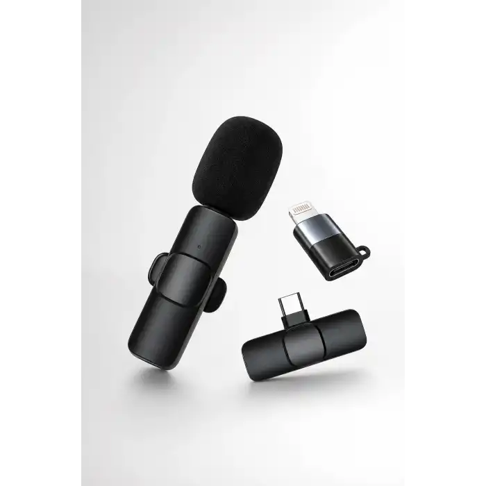 Kablosuz Yaka Mikrofonu USB-C ve Lightning Adaptörlü Telefon Uyumlu Kompakt Ses Kiti
