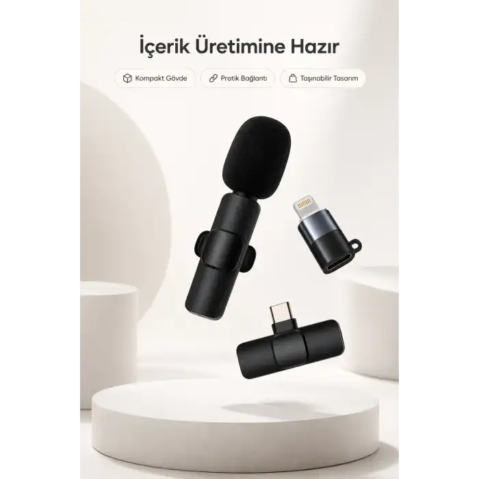 Kablosuz Yaka Mikrofonu USB-C ve Lightning Uyumlu Tak Çalıştır Telefon Kayıt Mikrofonu