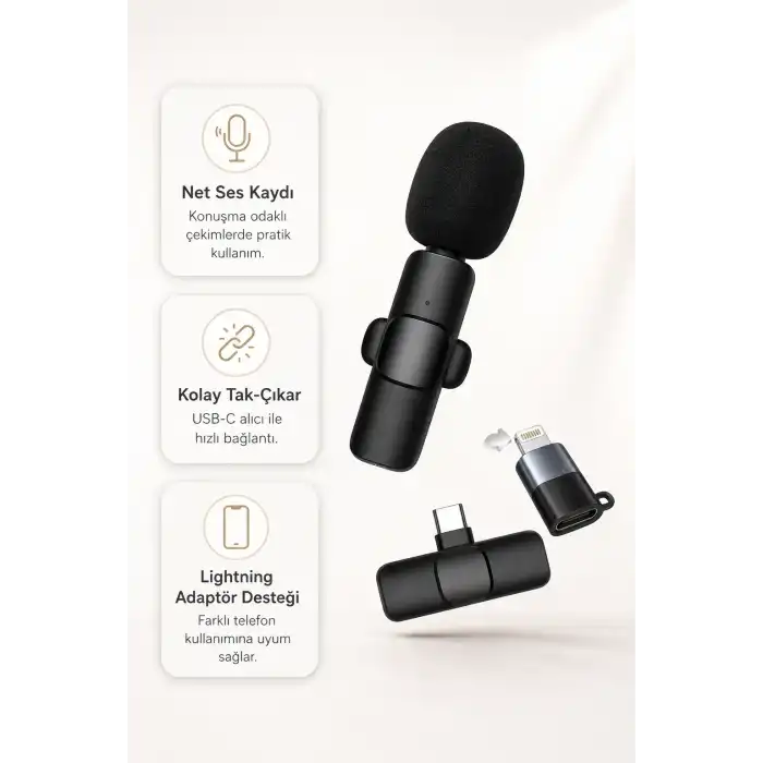 Kablosuz Yaka Mikrofonu USB-C ve Lightning Uyumlu Tak Çalıştır Telefon Kayıt Mikrofonu