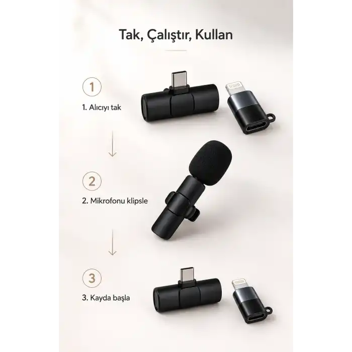 Kablosuz Yaka Mikrofonu USB-C ve Lightning Uyumlu Tak Çalıştır Telefon Kayıt Mikrofonu