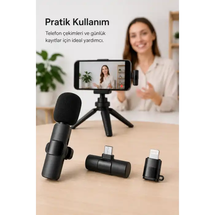 Kablosuz Yaka Mikrofonu USB-C ve Lightning Uyumlu Tak Çalıştır Telefon Kayıt Mikrofonu
