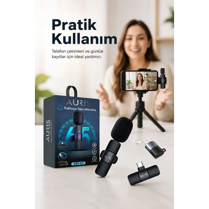 Kablosuz Yaka Mikrofonu Telefon İçin USB-C Lightning Adaptörlü Kompakt Kayıt Cihazı