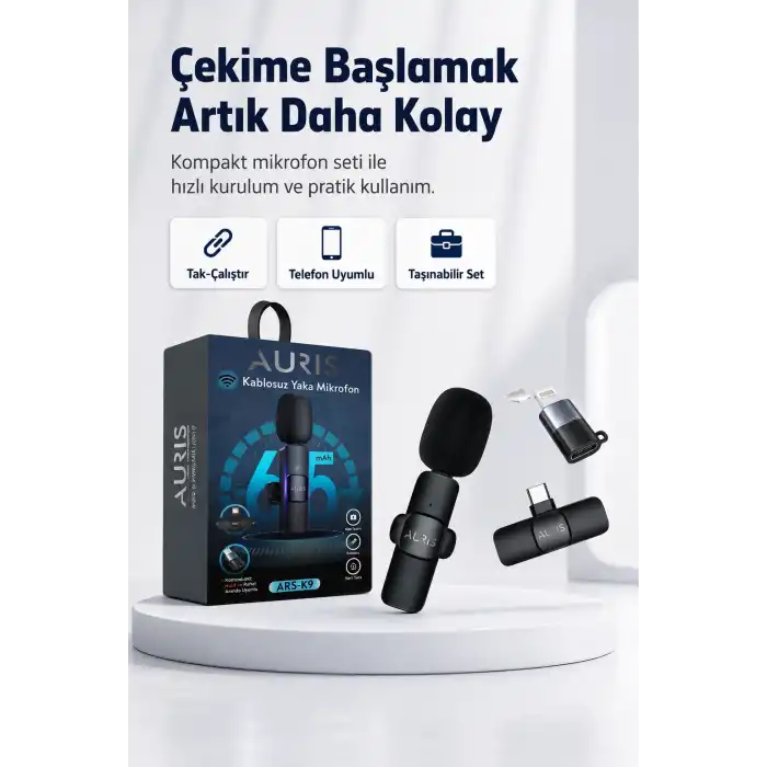 Kablosuz Yaka Mikrofonu Telefon İçin USB-C Lightning Adaptörlü Kompakt Kayıt Cihazı