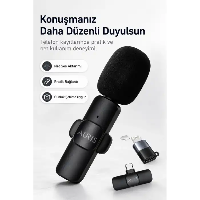 Kablosuz Yaka Mikrofonu Telefon İçin USB-C Lightning Adaptörlü Kompakt Kayıt Cihazı