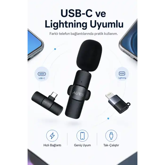 USB-C ve Lightning Uyumlu Kablosuz Yaka Mikrofonu Tak Çalıştır Telefon Ses Kayıt Seti