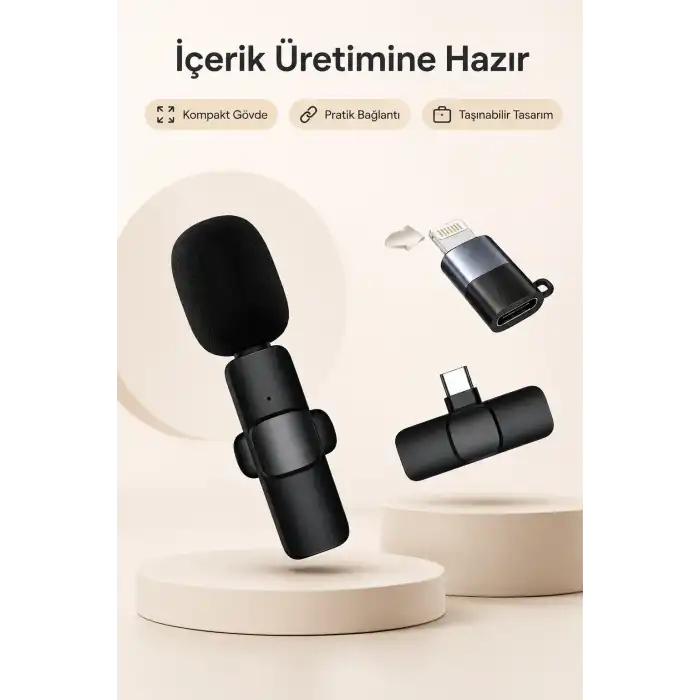 USB-C ve Lightning Uyumlu Kablosuz Yaka Mikrofonu Tak Çalıştır Telefon Ses Kayıt Seti