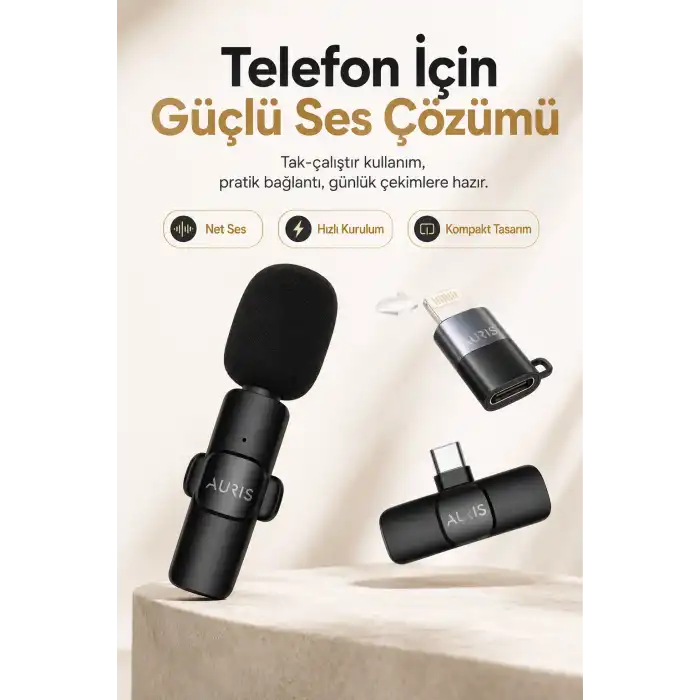 USB-C ve Lightning Uyumlu Kablosuz Yaka Mikrofonu Tak Çalıştır Telefon Ses Kayıt Seti