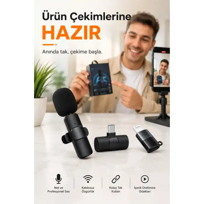 Kablosuz Yaka Mikrofonu USB-C Lightning Uyumlu Tak Çalıştır Telefon Video Ses Kayıt Seti