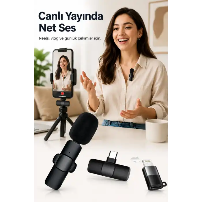 Kablosuz Yaka Mikrofonu USB-C Lightning Uyumlu Tak Çalıştır Telefon Video Ses Kayıt Seti