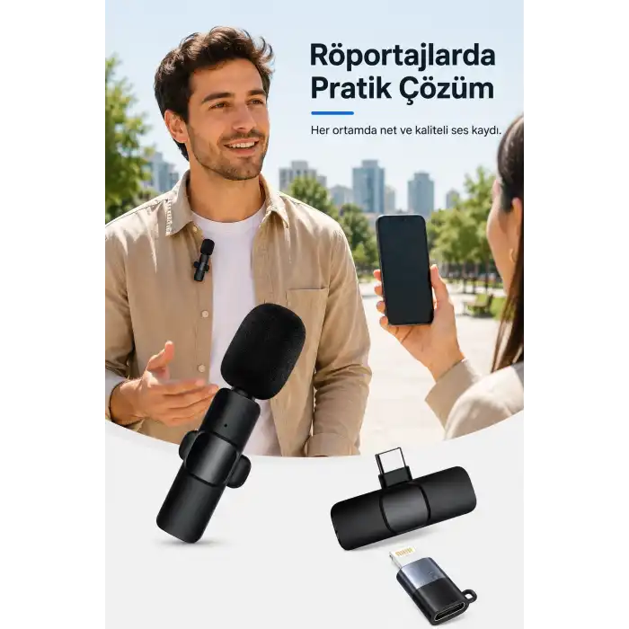 Kablosuz Yaka Mikrofonu USB-C Lightning Uyumlu Tak Çalıştır Telefon Video Ses Kayıt Seti