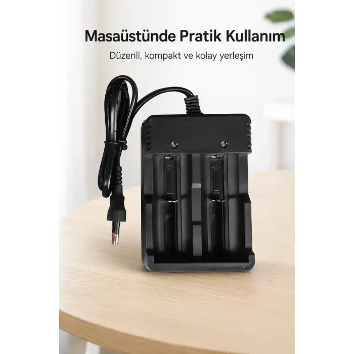 Çiftli Pil Yuvalı Şarj Aleti Kablolu Masaüstü Kullanıma Uygun Kompakt Şarj Cihazı