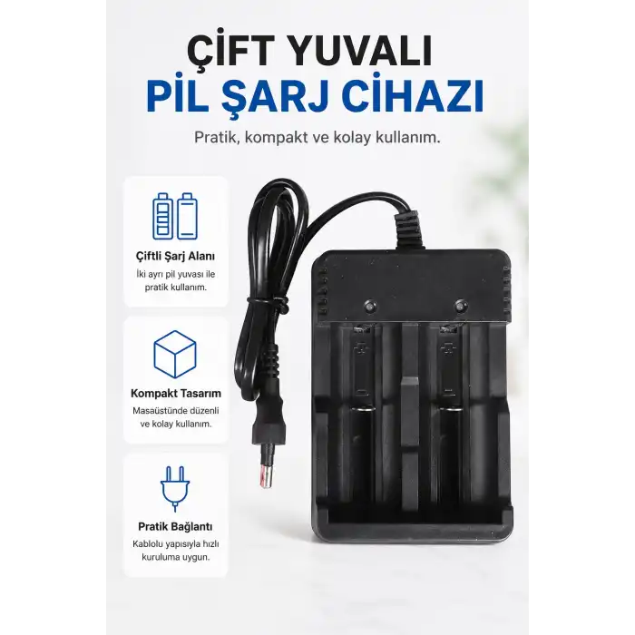 Masaüstü Pil Şarj Cihazı Çift Yuvalı Kablolu Kompakt Tasarımlı Şarj Aleti