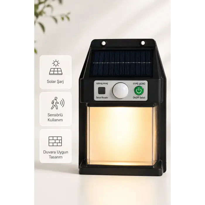 Güneş Enerjili Sensörlü Solar Aplik Duvar Tipi Dış Mekan Hareket Algılamalı Işık