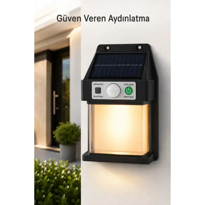 Güneş Enerjili Sensörlü Solar Aplik Duvar Tipi Dış Mekan Hareket Algılamalı Işık