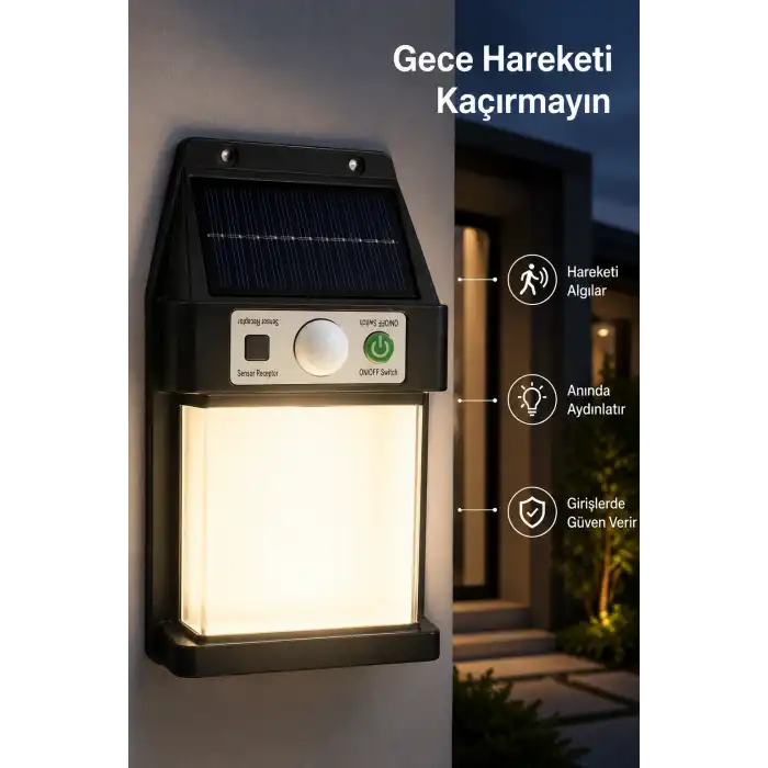 Güneş Enerjili Sensörlü Solar Aplik Duvar Tipi Dış Mekan Bahçe Balkon Işığı
