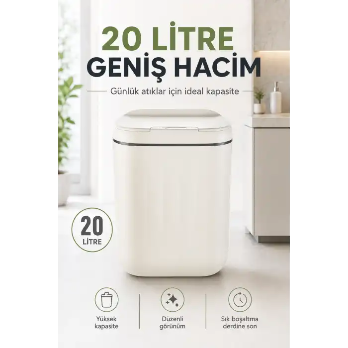 Akıllı Sensörlü 20 Litre Çöp Kovası Sessiz Kapaklı Modern Hijyenik Ev Tipi Çöp Kutusu