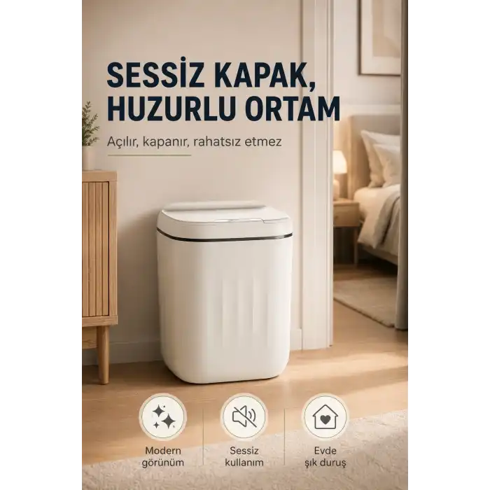 Akıllı Sensörlü 20 Litre Çöp Kovası Sessiz Kapaklı Modern Hijyenik Ev Tipi Çöp Kutusu
