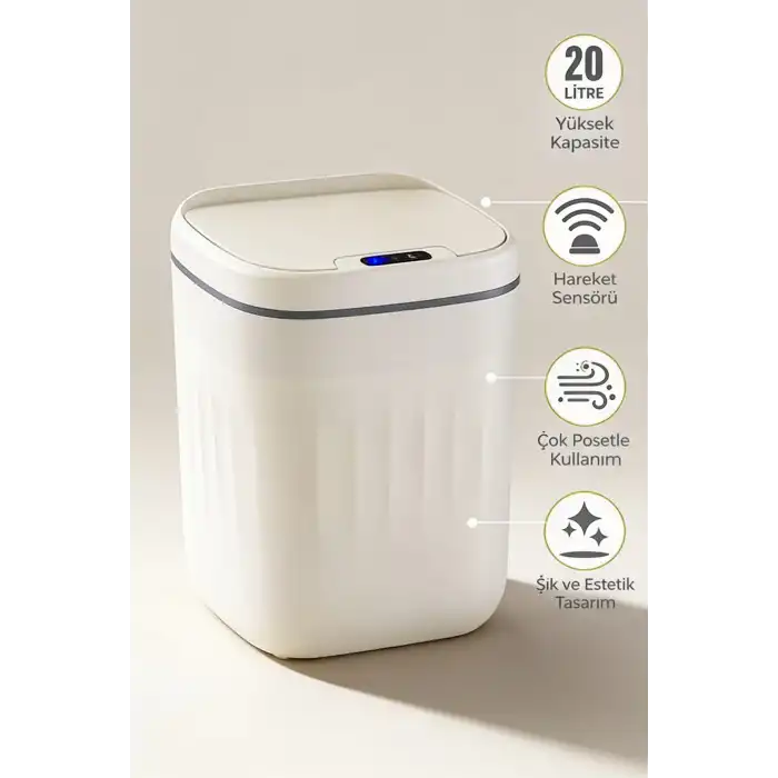 20 Litre Hareket Sensörlü Akıllı Çöp Kovası Beyaz