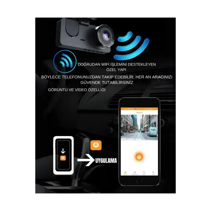 Üç Kameralı Wi‑Fi Araç İçi Kamera – GPS Takip & G-Sensor Özellikli Güvenlik Çözümü