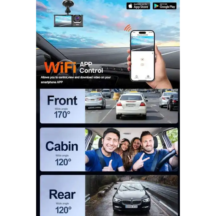 1080p Wifi Full Hd Araç Içi Kamera Arka Ön Iç Kayıt 3 Kamera Gece Görüşlü Gsensör Geniş Açı