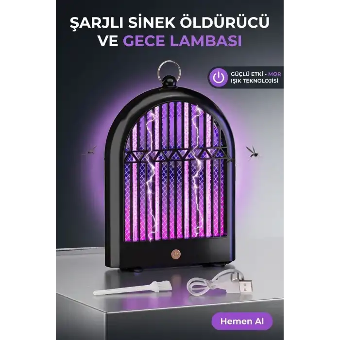 Dekoratif Mor Işıklı Sinek Savar Lamba Şarjlı Sivrisinek Tuzağı Ev Tipi Kullanım