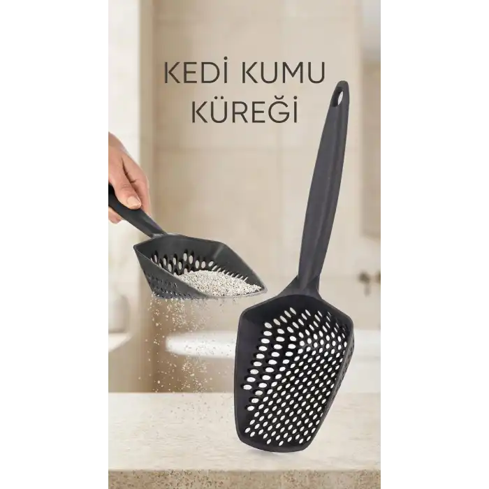Kedi Kumu Eleme Küreği geniş dişli yapısıyla tüy ve kum ayırımı sağlar evcil hayvanlar için kullanışlı