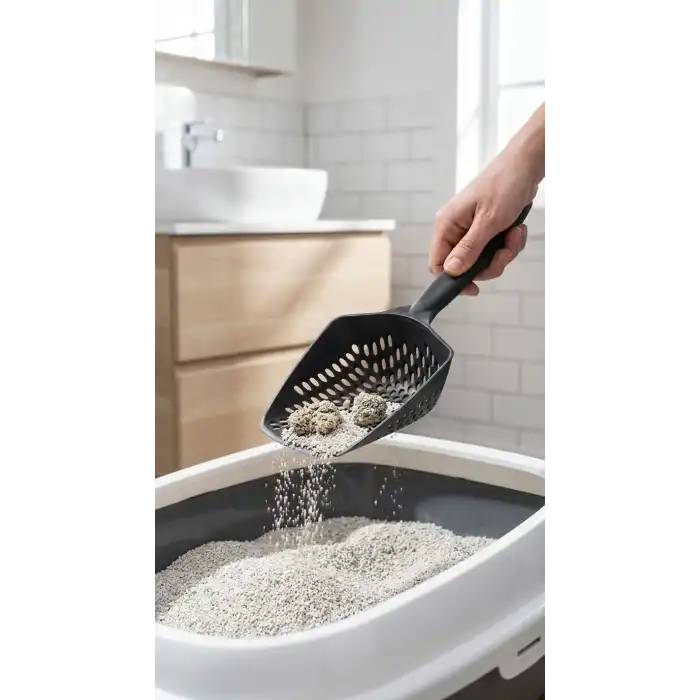 Kedi Kumu Eleme Küreği geniş dişli yapısıyla tüy ve kum ayırımı sağlar evcil hayvanlar için kullanışlı