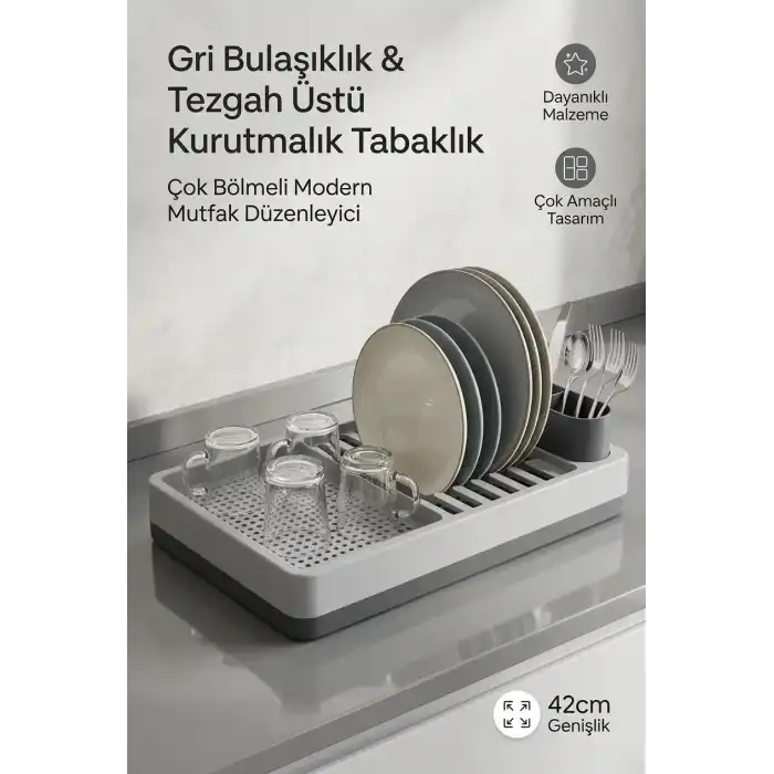 Modern Kurutmalık Tabaklık Gri Tezgah Üstü Bulaşıklık Bardaklık Standı Mutfak