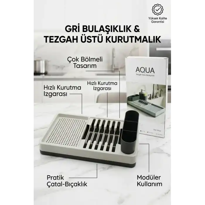 Drenajlı Gri Bulaşıklık Tezgah Üstü Tabak Bardak Kurutma Mutfak Düzenleyici