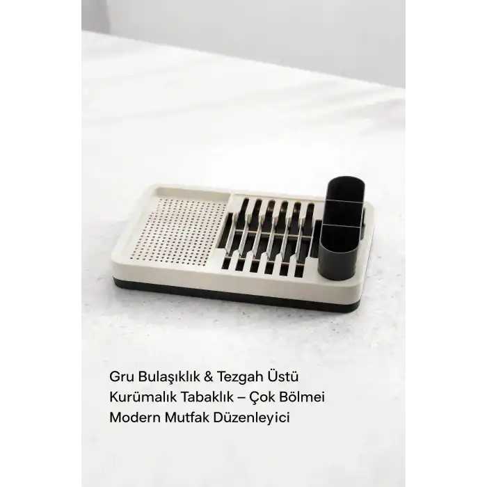 Gri Mutfak Bulaşıklığı Tezgah Üstü Tabaklık Bardaklık Kaşıklık Kurutma Standı