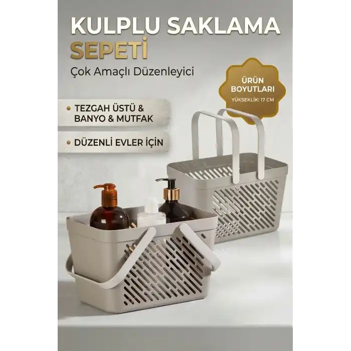 6lı Gri Çok Amaçlı Organizer Sepet Kulplu Mutfak Banyo Saklama Seti