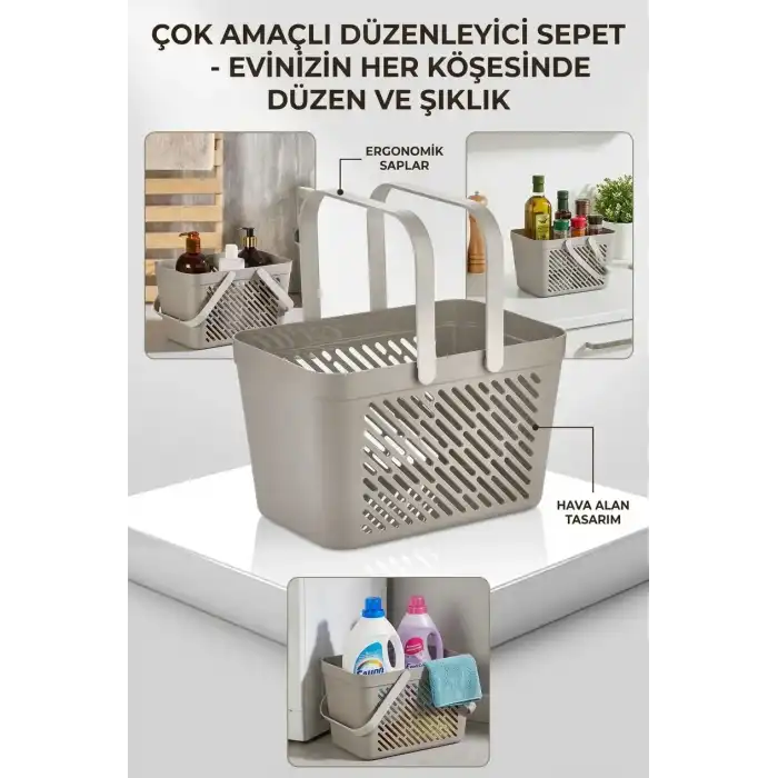 12li Gri Çok Amaçlı Kulplu Sepet Mutfak Banyo Organizer Ekonomik Set