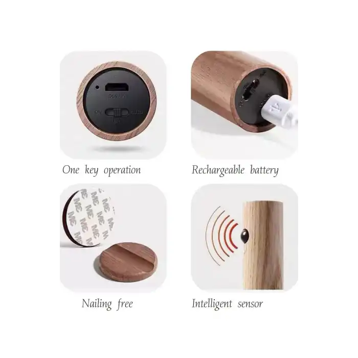 USB Şarjlı Sensörlü Mıknatıslı Ahşap Görünümlü Taşınabilir Duvar Aplik
