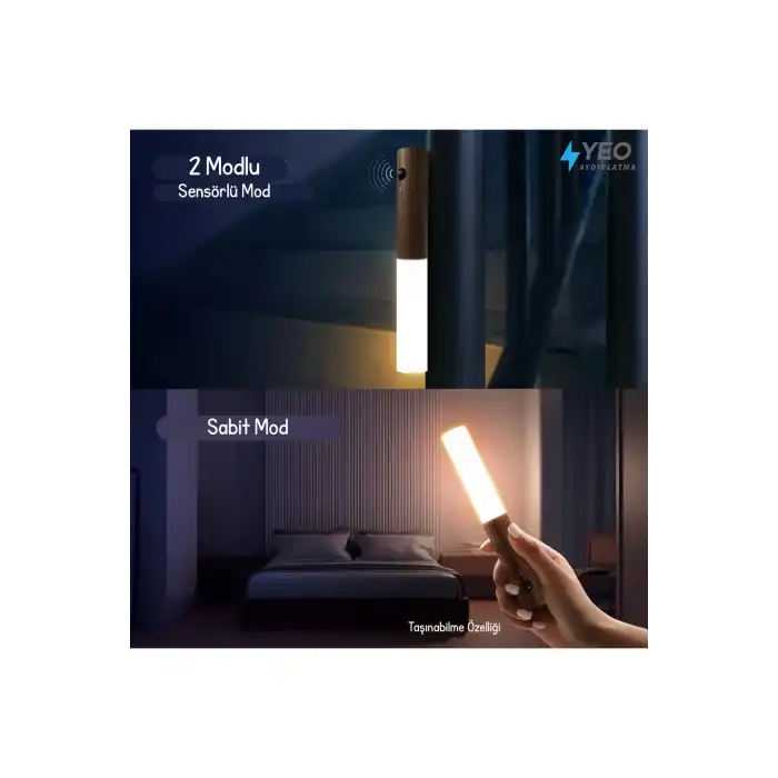 Sensörlü USB Şarjlı Taşınabilir Duvar Aplik Ahşap Görünümlü Masa Lambası