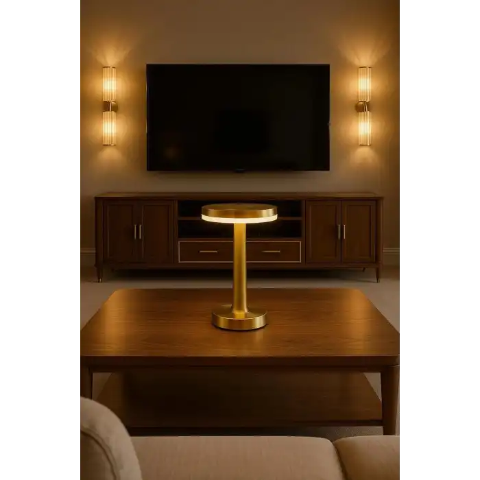 Gold Mantar Masa Lambası 3 Renk Modlu Kablosuz Şarjlı Dekoratif Metal LED Abajur