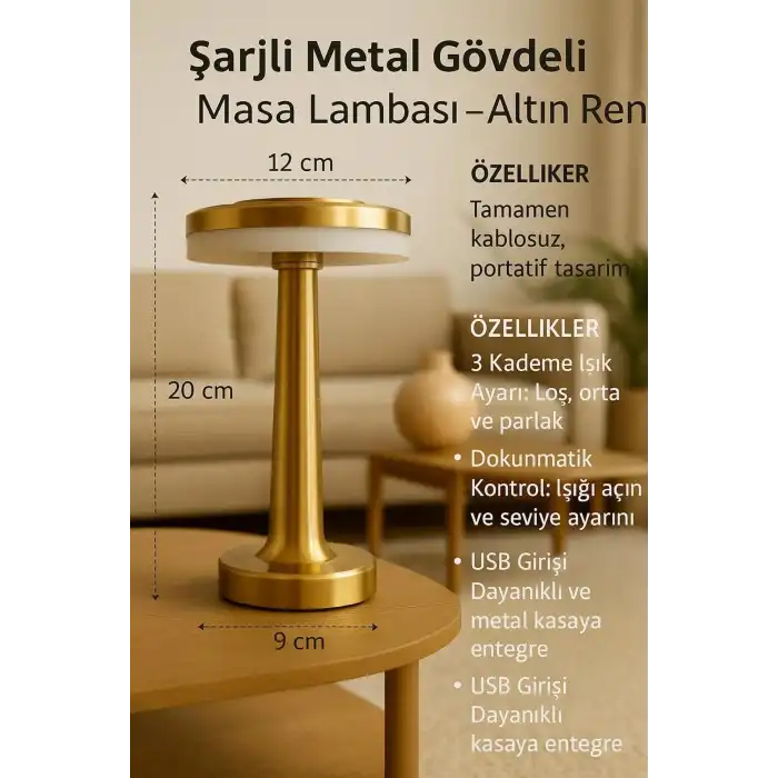 Gold Mantar Masa Lambası 3 Renk Modlu Kablosuz Şarjlı Dekoratif Metal LED Abajur