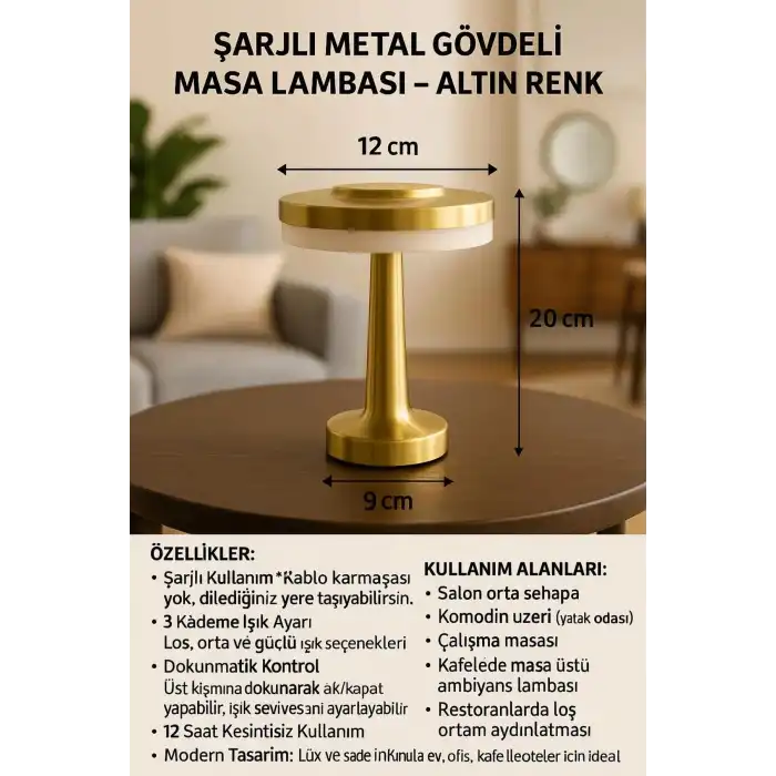 Gold Mantar Masa Lambası 3 Renk Modlu Kablosuz Şarjlı Dekoratif Metal LED Abajur